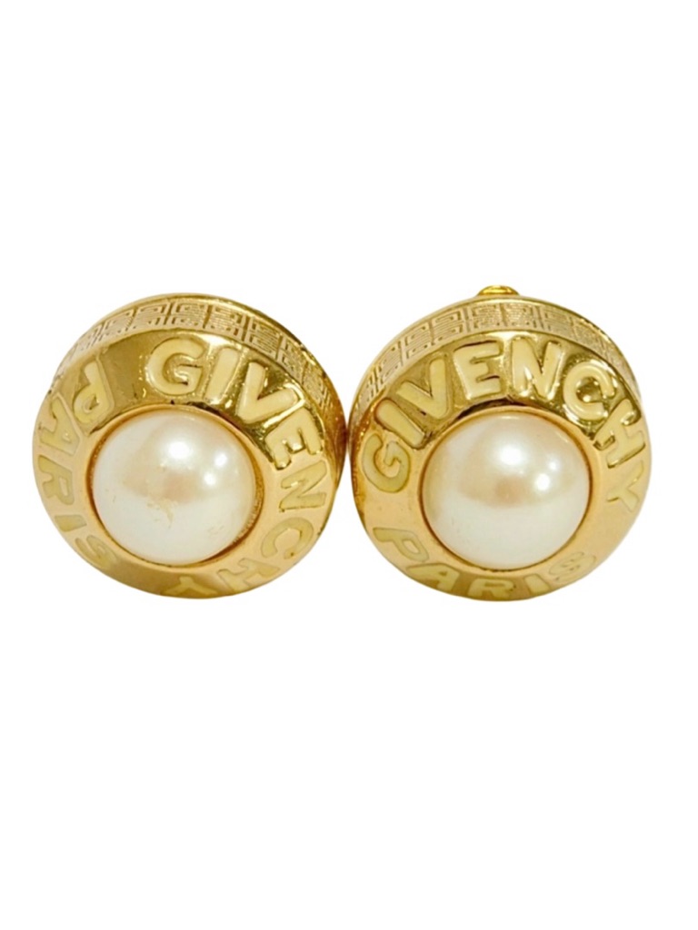 Rare Givenchy Gold Pearl Logo Clip Earrings ~ Vintage